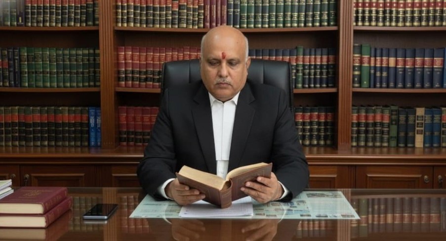 Advocate Sanjay Kumar Tiwari standing in front of his legal books library