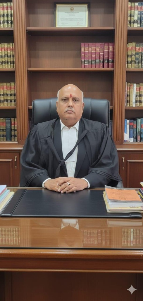 Advocate Sanjay Kumar Tiwari sitting behind his office desk